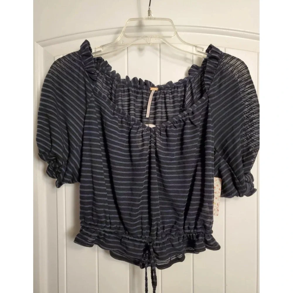 Free People Women's Black Dorothy Puff Sheerish Striped Cropped Tied Top S/Small
